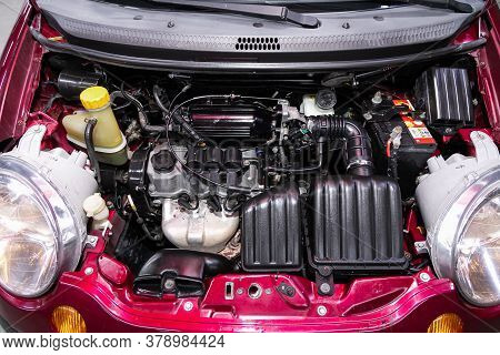 Novosibirsk/ Russia - July 27 2020: Daewoo Matiz, Closeup Of A Clean Motor Block, . Internal Combust