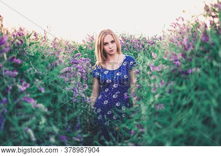 European Blonde Young Slim Girl Walks On Tall Grass