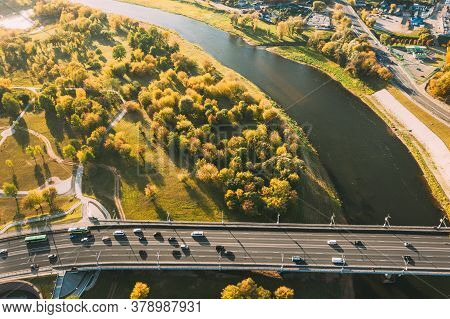 Mahiliou, Belarus. Aerial View Of Bridge Over The Dnieper River In Mogilev. Aerial View Of Skyline I