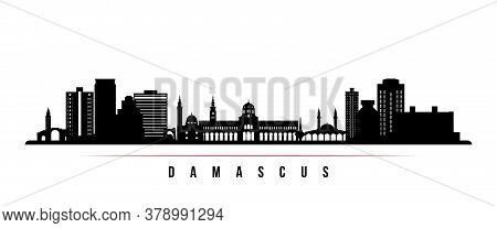 Damascus Skyline Horizontal Banner. Black And White Silhouette Of Damascus, Syria. Vector Template F