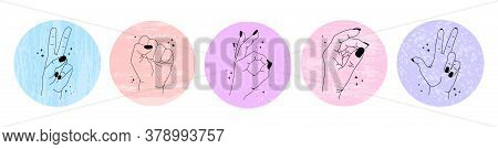Set Of Abstract Social Media Icons With Different Gestures And Hands On An Isolated White Background