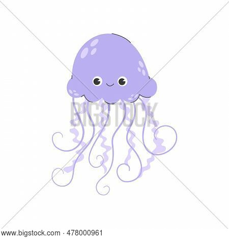 Cute Smiling Jellyfish Or Medusa. Funny Underwater Jelly Fish With Eyes. Childish Colored Flat Carto