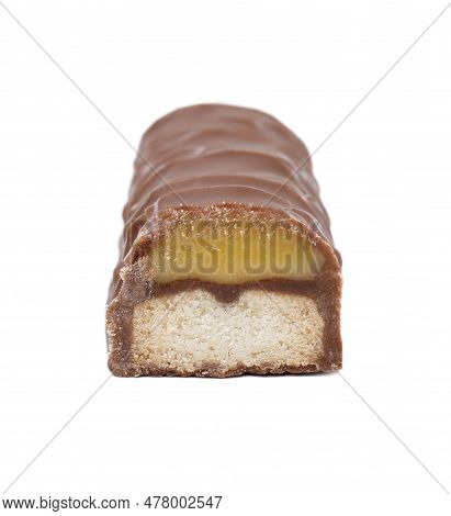 Piece Of Sweet Tasty Chocolate Bar On White Background