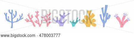 Cut Set Cartoon Underwater Plants And Creatures In Cartoon Style. Corals Colonies. Various Colorful 
