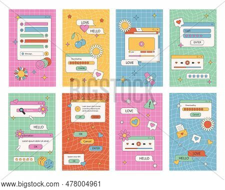 Retro Ui Post Template. Cool 90s Aesthetic Social Media Stories Frames, App Window With Groovy Backg