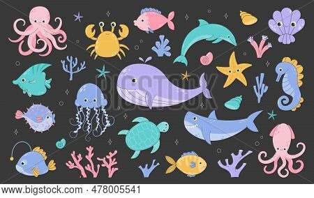 Cartoon Sea Life. Cute Sea Fish, Aquatic Corals, Jellyfish And Octopus. Funny Shark And Dolphin. Oce