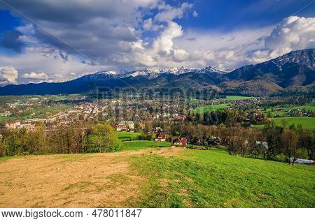 Beautiful Country View With Mountains In The Background. View Of The Tatra Mountains, Zakopane Town 