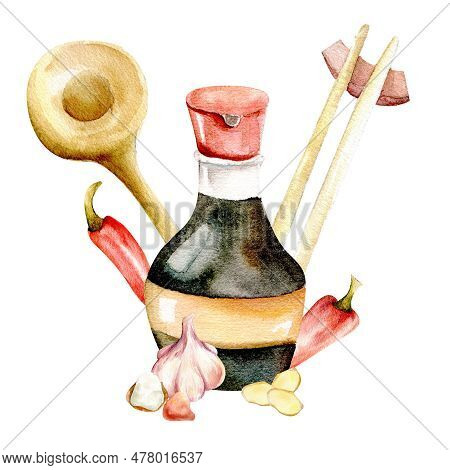 Asian Food Watercolor Composition: Soya Sauce, Chopsticks And Spoon, Red Pepper, Garlic, Ginger Piec
