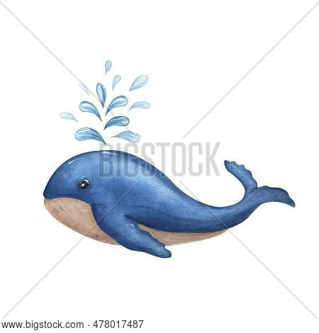 Cute Cartoon Watercolor Blue Whale Isolated On White Background. Sea Illustration Can Be Used For Ki
