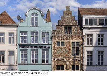 Ghent, Belgium - May 19, 2023: Colorful Buildings At Bij Sint-jacobs, The Popular Square Around The 