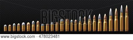 Metal And Alloy Bullets Set. Shotgun, Pistol And Sniper Riffle Ammunition On Copy Space. War, Violen