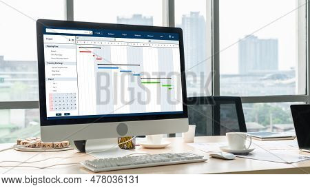 Project Planning Software For Modish Business Project Management On The Computer Screen Showing Time