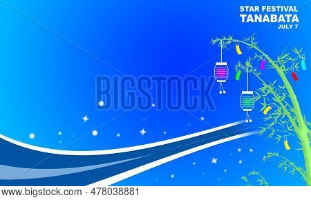 Illustration Of Bamboo Trees And Bamboo Branches With Hanging Lanterns And Wish Paper With Copy Spac