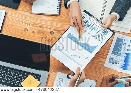 Flat Top View Workspace Wooden Table With Analyst Team Use Bi Dashboard Papers Data For Planning Bus