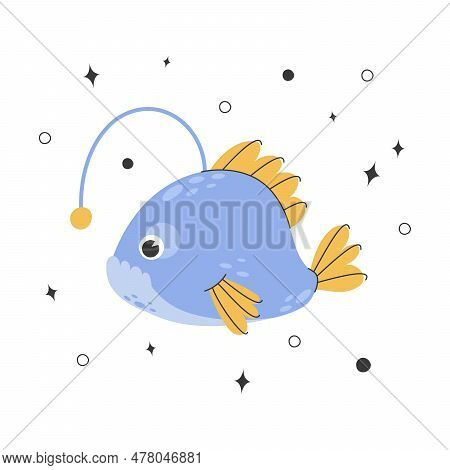 Cute Angler Fish. Childish Illustration Of Fish With Doodle Elements. Monkfish Living At The Bottom 