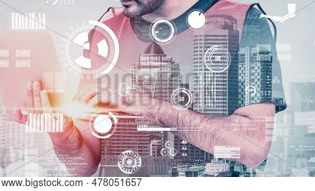 Future Building Construction And Inventive Engineering Project Concept With Hud Hologram Graphic Des