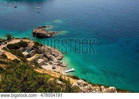 Flying A Drone Over Jali Beach, One Of The Most Beautiful Beaches Of Albanian Riviera, Albania.