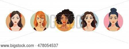 Vector Woman Avatar Set. Beautiful Young Girls Portrait Collection, Different Hairstyle. Female Face