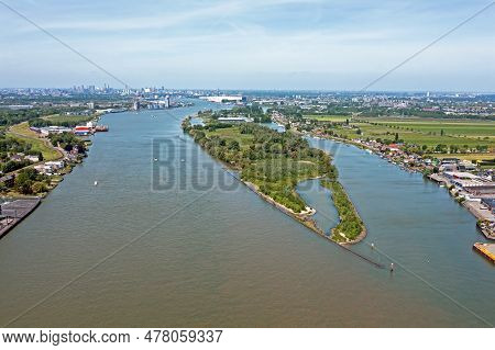 Aerial From The  Crossing River Nieuwe Maas With The River Lek Near Rotterdam In The Netherlands