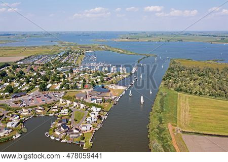 Aerial From Water Sports In Summer At Galamadammen In Friesland The Netherlands