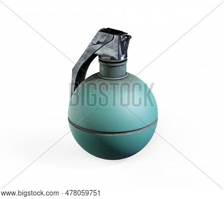 Hand Grenade On A White Background As An Unexploded Bomb Object With A Pin As A Vintage Explosive De