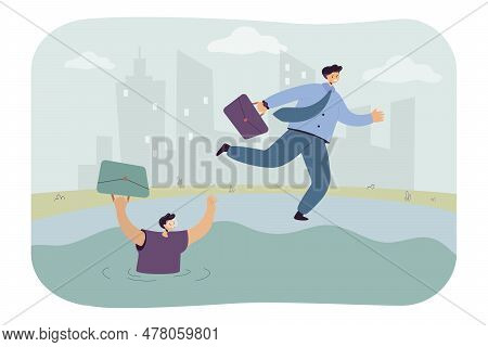 Businessman Running Past Drowning Man Vector Illustration. Colleague Having Financial Problems And A