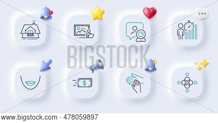 Photo Studio, Inclusion And Video Conference Line Icons. Buttons With 3d Bell, Chat Speech, Cursor. 
