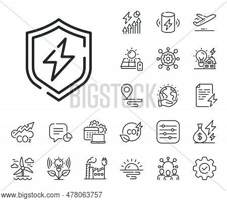Electric Energy Shield Sign. Energy, Co2 Exhaust And Solar Panel Outline Icons. Power Safety Line Ic