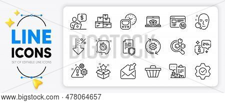 Chemistry Lab, Shop Cart And Open Mail Line Icons Set For App Include Inventory Report, Low Percent,