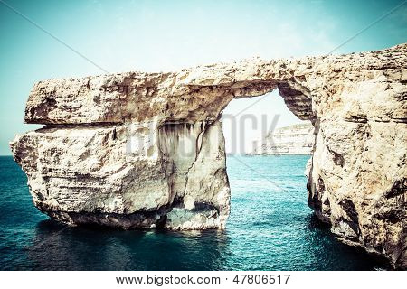 Azure Window, Famous Stone Arch On Gozo Island, Malta