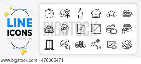 Share, Timer And Stars Line Icons Set For App Include Lock, Music App, Open Door Outline Thin Icon. 