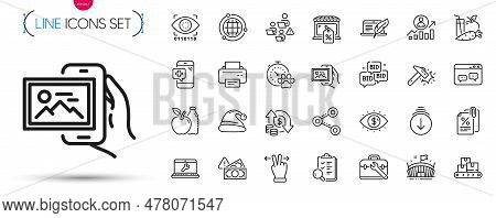Pack Of Printer, Copyright Laptop And Apple Line Icons. Include Tax Documents, Arena, Change Money P