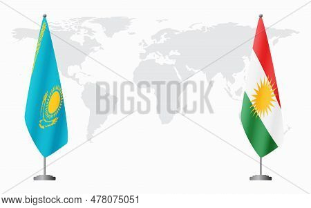Kazakhstan And Kurdistan Flags For Official Meeting Against Background Of World Map.