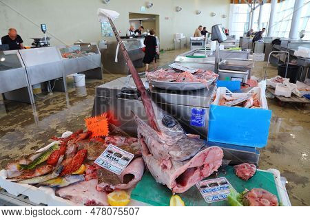 Alghero, Italy - May 29, 2023: Fish Products And Massive Swordfish Head At Local Fish Market In Algh