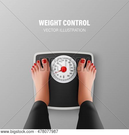 Vector 3d Realistic Bathroom Scales And Female Feet In Top View. Weight Control Concept Banner With 