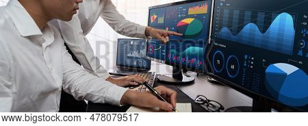 Analyst Working On Data Analysis Or Bi Dashboard On Computer Monitor. Business Team Analyzing Financ