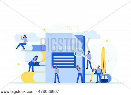 Man And Woman Create Document Book Manual. Business Handbook Advice Content Vector. Online Web Paper
