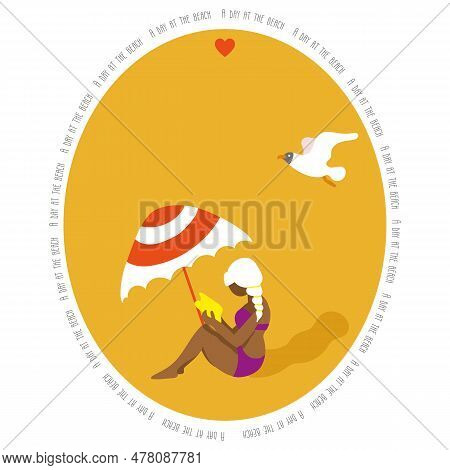 A Woman At The Beach With White Hairs And Purple Bathsuit Vector Illustration. Woman Enjoying The Be