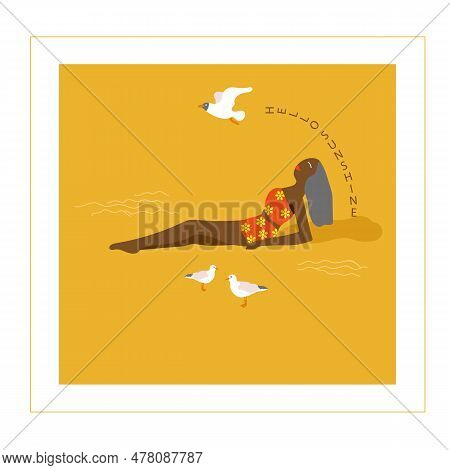 A Woman At The Beach With Floral Red Bathsuit Bathsuit Vector Illustration. Woman Enjoying The Beach