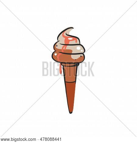 Hand Drawn Vector Abstract Cartoon Ice Creram Cone , Sundae Line Art Illustration .ice Cream Dessert