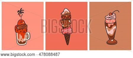 Hand Drawn Vector Abstract Cartoon Ice Creram Cone , Sundae Line Art Illustration Set .ice Cream Des