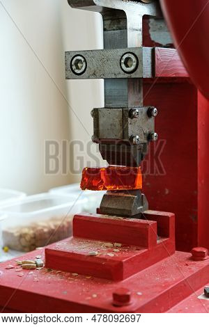 Stone Splitting Machine On Table In Mosaic Workshop, Close-up. Smalt For Decorative Art Mosaic. Prof