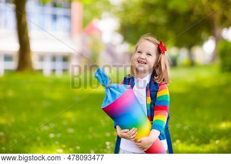 Children Go Back To School. Start Of New School Year After Summer Vacation. Girl With Backpack And S