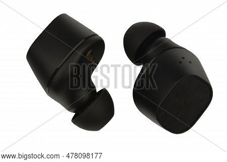 Wireless Stereo Earbuds. Black Wireless Earphones. Earbuds Or Headphones Isolated On White Backgroun