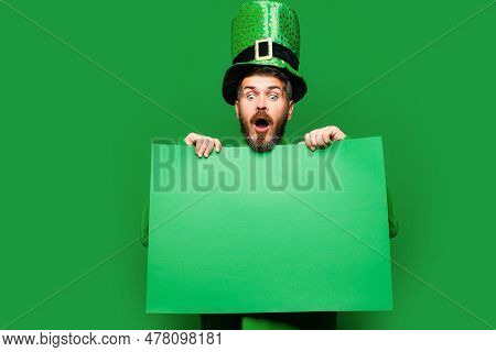 Man On Green Background Celebrate St Patricks Day. Green Patricks Background. Copy Space.