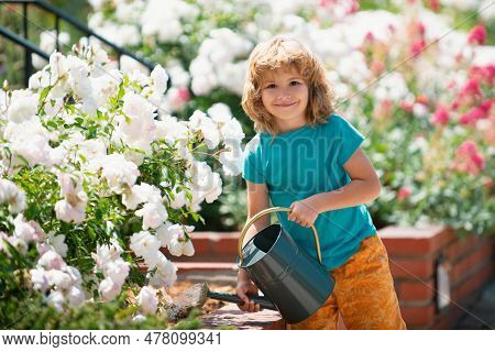Active Kid Watering Plants On Backyard. Child Helping Arents To Grow Herbs And Flowers In Garden.