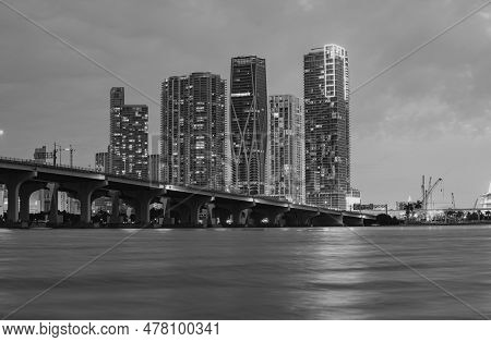 Florida Miami Night City Skyline. Usa Downtown Skyscrappers Landscape, Twighlight Town.