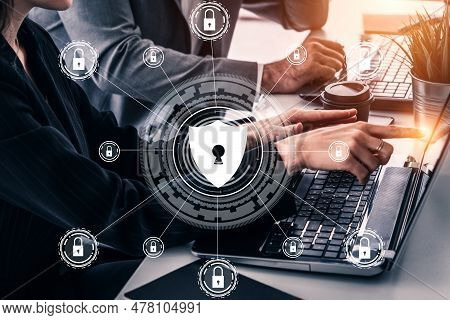 Cyber Security And Digital Data Protection Concept. Icon Graphic Interface Showing Secure Firewall T