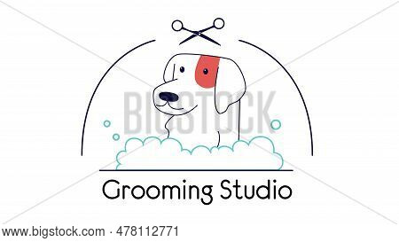 Vector Logo With A Cute Dog In A Bubble Bath. Pet Logo For Grooming Studio With Scissors. Ways To Ca