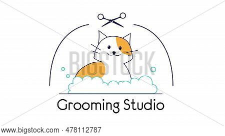 Vector Logo With A Cute Cat In A Bubble Bath. Pet Logo For Grooming Studio With Scissors. Ways To Ca